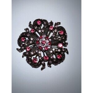 Flower Brooch Pin Filigree Openwork Bronze Tendril Pink Rhinestones Regency